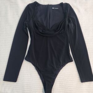 ZARA DRAPED BODYSUIT BLACK LONG SLEEVE Size Small Made In Morocco